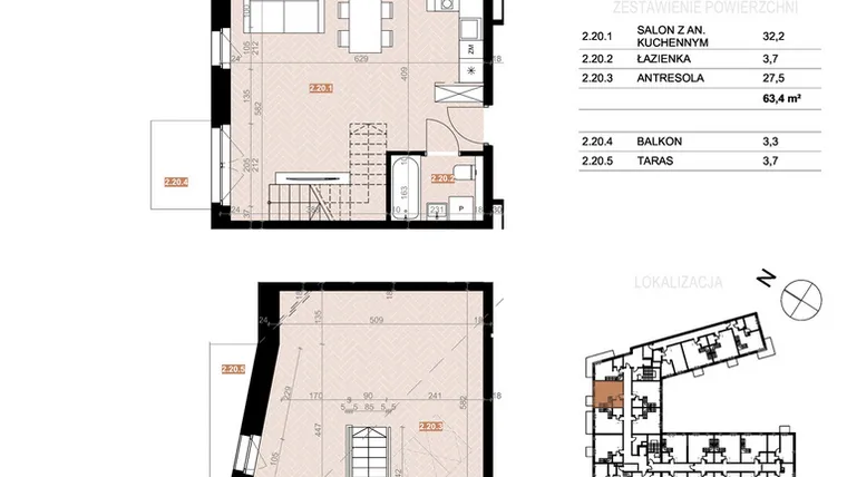 Rzut - Mieszkanie na sprzedaż 2 pokoje o powierzchni 63,4 m² - numer 220 w Szczecińska 20