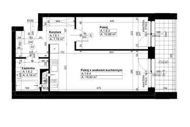 Rzut - Mieszkanie na sprzedaż 2 pokoje o powierzchni 42,17 m² - numer A/1/6 w Świerzawska 13