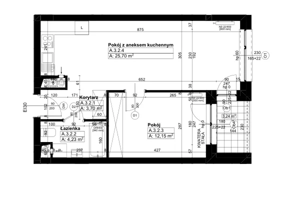 Rzut - Mieszkanie na sprzedaż 2 pokoje o powierzchni 45,62 m² - numer A/3/2 w Świerzawska 13