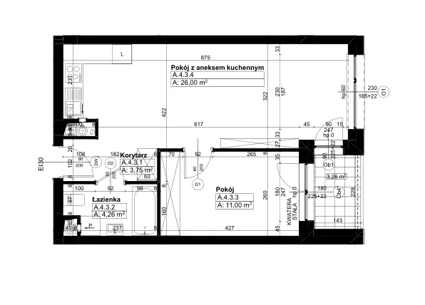 Rzut - Mieszkanie na sprzedaż 2 pokoje o powierzchni 44,97 m² - numer A/4/3 w Świerzawska 13
