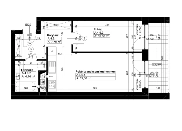 Rzut - Mieszkanie na sprzedaż 2 pokoje o powierzchni 42,35 m² - numer A/4/6 w Świerzawska 13