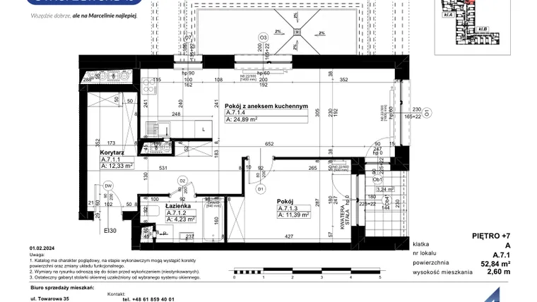 Rzut - Mieszkanie na sprzedaż 2 pokoje o powierzchni 53,18 m² - numer A/7/1 w Świerzawska 13