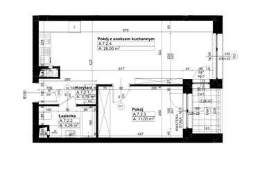 Rzut - Mieszkanie na sprzedaż 2 pokoje o powierzchni 44,99 m² - numer A/7/2 w Świerzawska 13