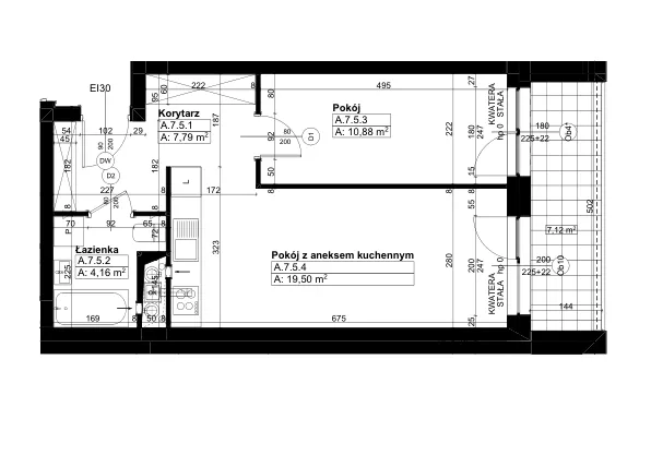 Rzut - Mieszkanie na sprzedaż 2 pokoje o powierzchni 42,23 m² - numer A/7/5 w Świerzawska 13