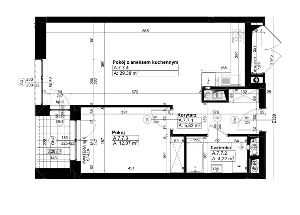 Rzut - Mieszkanie na sprzedaż 2 pokoje o powierzchni 50,7 m² - numer A/7/7 w Świerzawska 13