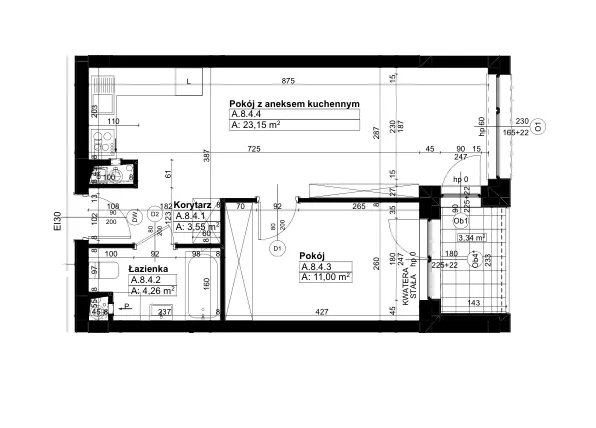 Rzut - Mieszkanie na sprzedaż 2 pokoje o powierzchni 42,03 m² - numer A/8/4 w Świerzawska 13