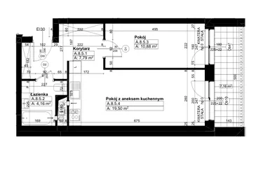Rzut - Mieszkanie na sprzedaż 2 pokoje o powierzchni 42,38 m² - numer A/8/5 w Świerzawska 13