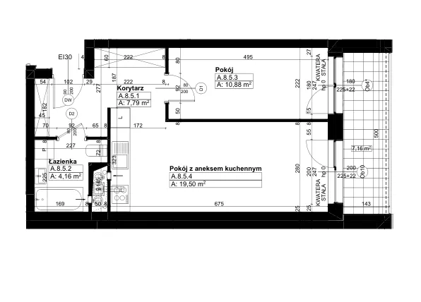 Rzut - Mieszkanie na sprzedaż 2 pokoje o powierzchni 42,38 m² - numer A/8/5 w Świerzawska 13