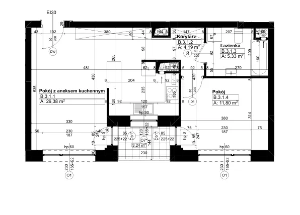 Rzut - Mieszkanie na sprzedaż 2 pokoje o powierzchni 47,11 m² - numer B/3/1 w Świerzawska 13