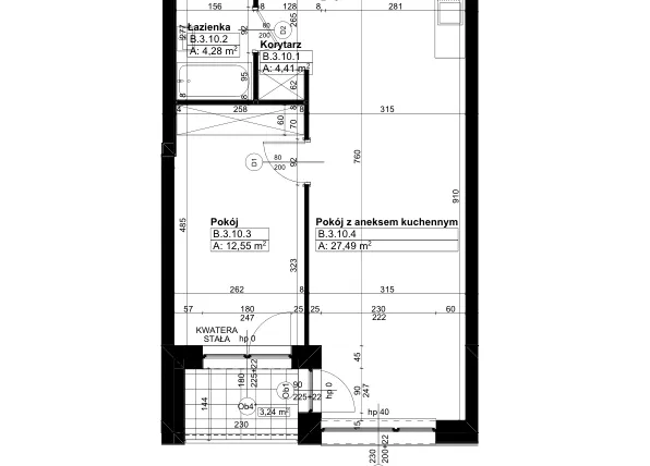 Rzut - Mieszkanie na sprzedaż 2 pokoje o powierzchni 48,46 m² - numer B/3/10 w Świerzawska 13