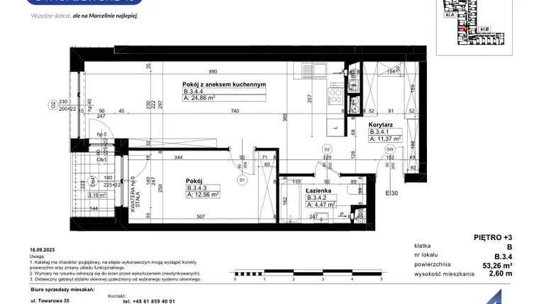 Rzut - Mieszkanie na sprzedaż 2 pokoje o powierzchni 52,95 m² - numer B/3/4 w Świerzawska 13
