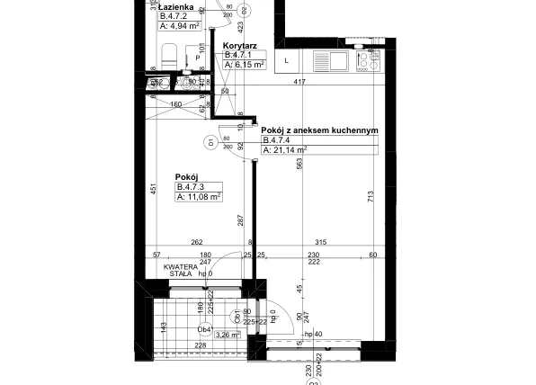 Rzut - Mieszkanie na sprzedaż 2 pokoje o powierzchni 43,33 m² - numer B/4/7 w Świerzawska 13
