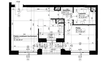 Rzut - Mieszkanie na sprzedaż 2 pokoje o powierzchni 47,53 m² - numer B/7/1 w Świerzawska 13