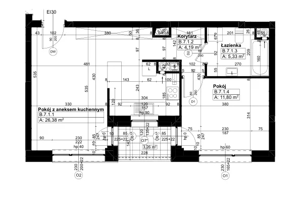 Rzut - Mieszkanie na sprzedaż 2 pokoje o powierzchni 47,53 m² - numer B/7/1 w Świerzawska 13