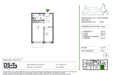 Rzut - Mieszkanie na sprzedaż 2 pokoje o powierzchni 36,44 m² - numer A.0.3 w Ogrody Centrum 2
