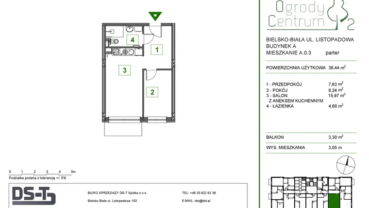 Rzut - Mieszkanie na sprzedaż 2 pokoje o powierzchni 36,44 m² - numer A.0.3 w Ogrody Centrum 2