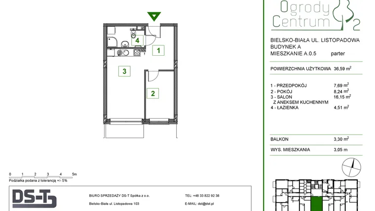 Rzut - Mieszkanie na sprzedaż 2 pokoje o powierzchni 36,59 m² - numer A.0.5 w Ogrody Centrum 2