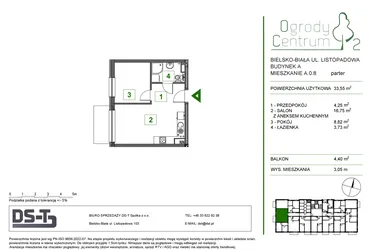 Rzut - Mieszkanie na sprzedaż 2 pokoje o powierzchni 33,55 m² - numer A.0.8 w Ogrody Centrum 2