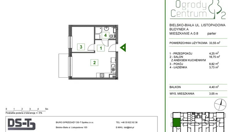 Rzut - Mieszkanie na sprzedaż 2 pokoje o powierzchni 33,55 m² - numer A.0.8 w Ogrody Centrum 2