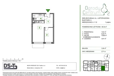 Rzut - Mieszkanie na sprzedaż 2 pokoje o powierzchni 36,34 m² - numer A.1.12 w Ogrody Centrum 2
