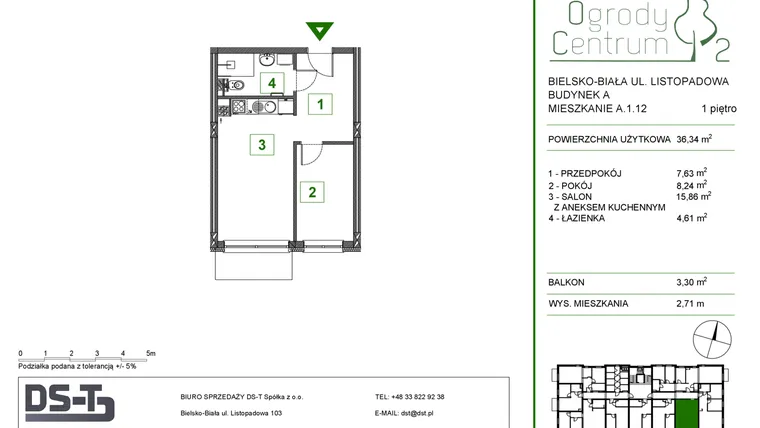 Rzut - Mieszkanie na sprzedaż 2 pokoje o powierzchni 36,34 m² - numer A.1.12 w Ogrody Centrum 2