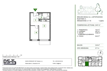 Rzut - Mieszkanie na sprzedaż 2 pokoje o powierzchni 36,57 m² - numer A.1.15 w Ogrody Centrum 2