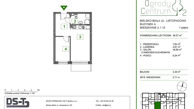 Rzut - Mieszkanie na sprzedaż 2 pokoje o powierzchni 36,57 m² - numer A.1.15 w Ogrody Centrum 2