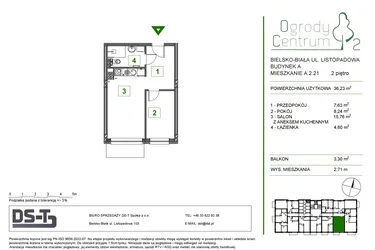 Rzut - Mieszkanie na sprzedaż 2 pokoje o powierzchni 36,23 m² - numer A.2.21 w Ogrody Centrum 2