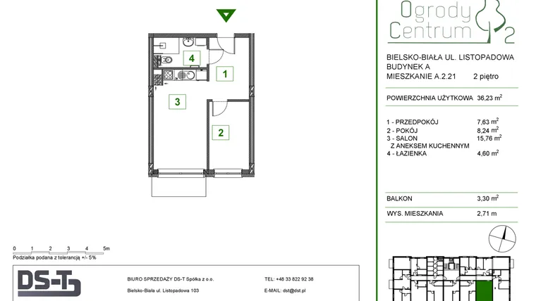 Rzut - Mieszkanie na sprzedaż 2 pokoje o powierzchni 36,23 m² - numer A.2.21 w Ogrody Centrum 2