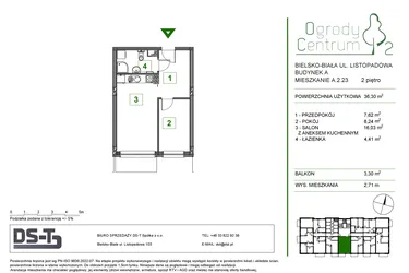 Rzut - Mieszkanie na sprzedaż 2 pokoje o powierzchni 36,3 m² - numer A.2.23 w Ogrody Centrum 2