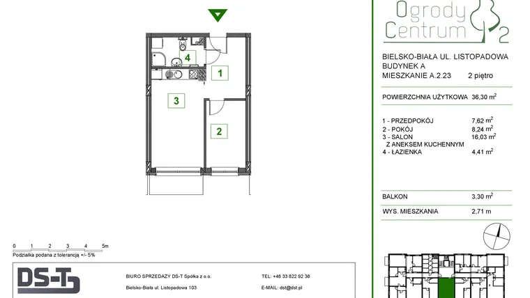 Rzut - Mieszkanie na sprzedaż 2 pokoje o powierzchni 36,3 m² - numer A.2.23 w Ogrody Centrum 2
