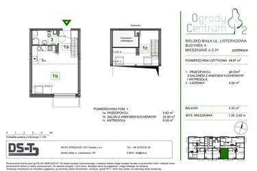 Rzut - Mieszkanie na sprzedaż 1 pokój o powierzchni 44,87 m² - numer A.3.31 w Ogrody Centrum 2