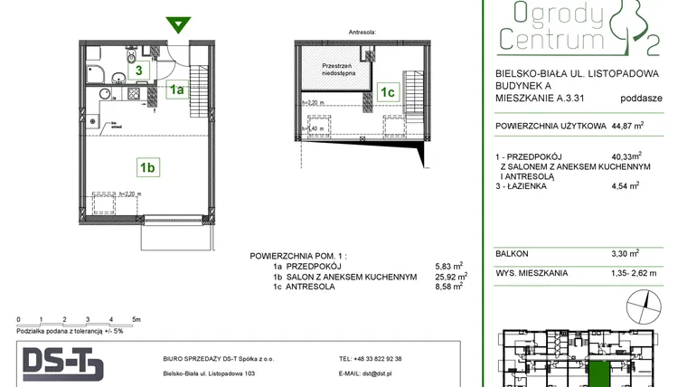Rzut - Mieszkanie na sprzedaż 1 pokój o powierzchni 44,87 m² - numer A.3.31 w Ogrody Centrum 2