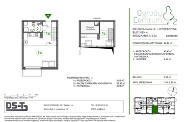 Rzut - Mieszkanie na sprzedaż 1 pokój o powierzchni 44,84 m² - numer A.3.32 w Ogrody Centrum 2