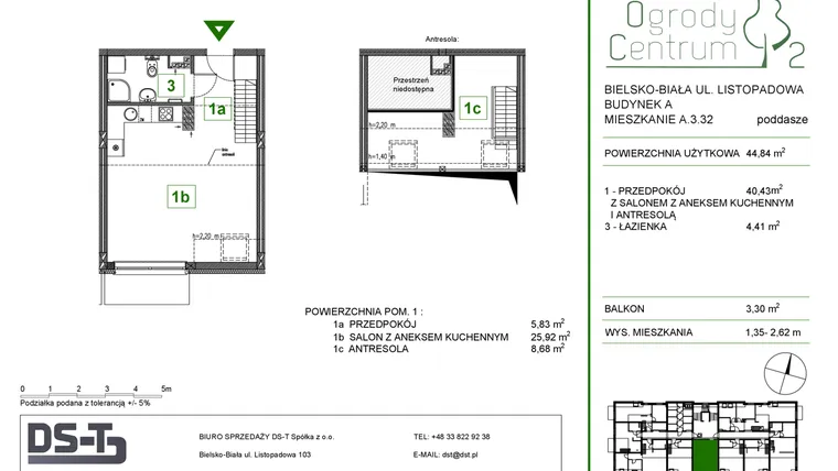 Rzut - Mieszkanie na sprzedaż 1 pokój o powierzchni 44,84 m² - numer A.3.32 w Ogrody Centrum 2