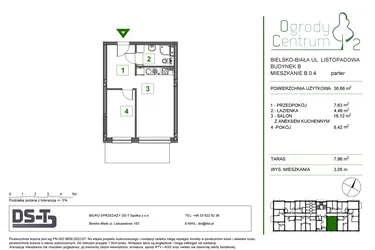 Rzut - Mieszkanie na sprzedaż 2 pokoje o powierzchni 36,66 m² - numer B.0.4 w Ogrody Centrum 2