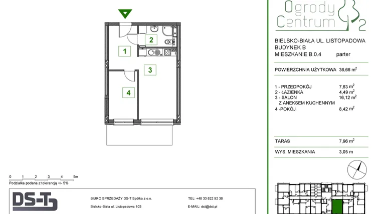 Rzut - Mieszkanie na sprzedaż 2 pokoje o powierzchni 36,66 m² - numer B.0.4 w Ogrody Centrum 2