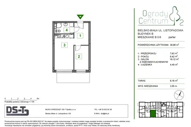Rzut - Mieszkanie na sprzedaż 2 pokoje o powierzchni 36,66 m² - numer B.0.6 w Ogrody Centrum 2