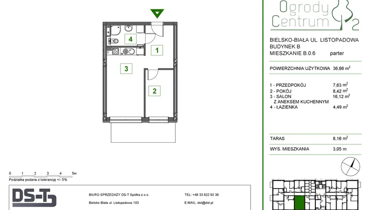 Rzut - Mieszkanie na sprzedaż 2 pokoje o powierzchni 36,66 m² - numer B.0.6 w Ogrody Centrum 2