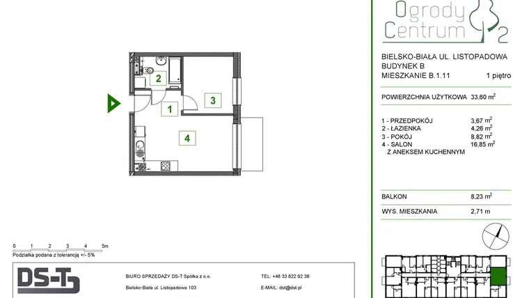 Rzut - Mieszkanie na sprzedaż 2 pokoje o powierzchni 33,6 m² - numer B.1.11 w Ogrody Centrum 2