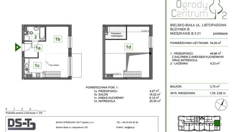 Rzut - Mieszkanie na sprzedaż 1 pokój o powierzchni 54,2 m² - numer B.3.31 w Ogrody Centrum 2