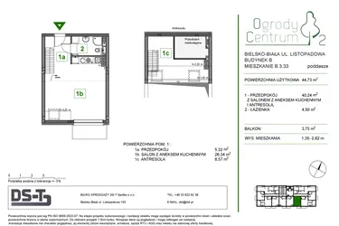 Rzut - Mieszkanie na sprzedaż 1 pokój o powierzchni 44,73 m² - numer B.3.33 w Ogrody Centrum 2