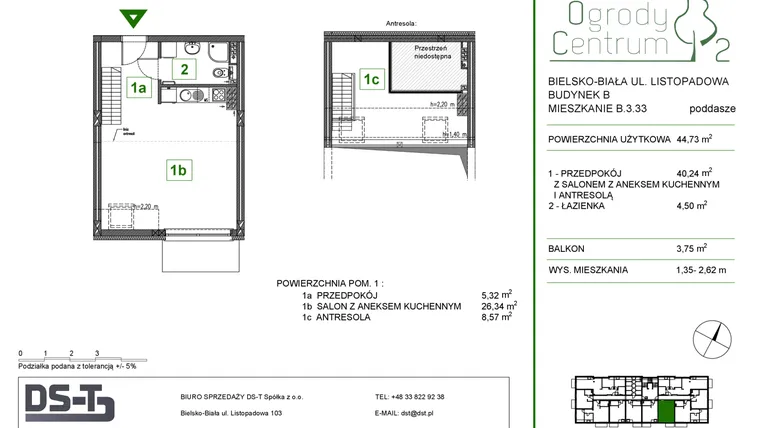 Rzut - Mieszkanie na sprzedaż 1 pokój o powierzchni 44,73 m² - numer B.3.33 w Ogrody Centrum 2