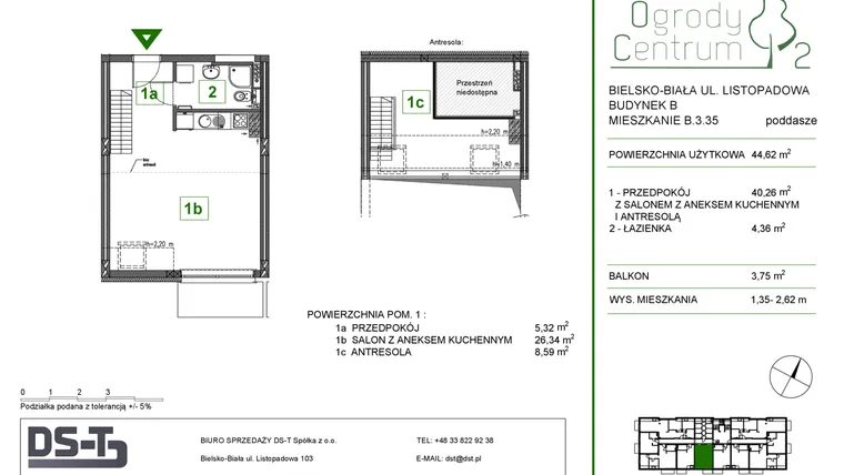 Rzut - Mieszkanie na sprzedaż 1 pokój o powierzchni 44,62 m² - numer B.3.35 w Ogrody Centrum 2