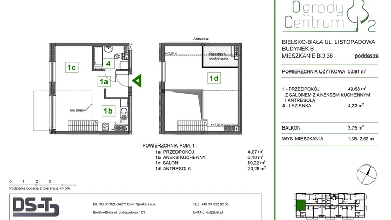 Rzut - Mieszkanie na sprzedaż 1 pokój o powierzchni 53,91 m² - numer B.3.38 w Ogrody Centrum 2