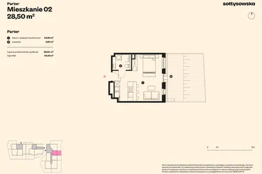 Rzut - Mieszkanie na sprzedaż 1 pokój o powierzchni 27,94 m² - numer 2 w Sołtysowska