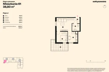 Rzut - Mieszkanie na sprzedaż 2 pokoje o powierzchni 37,94 m² - numer 61 w Sołtysowska