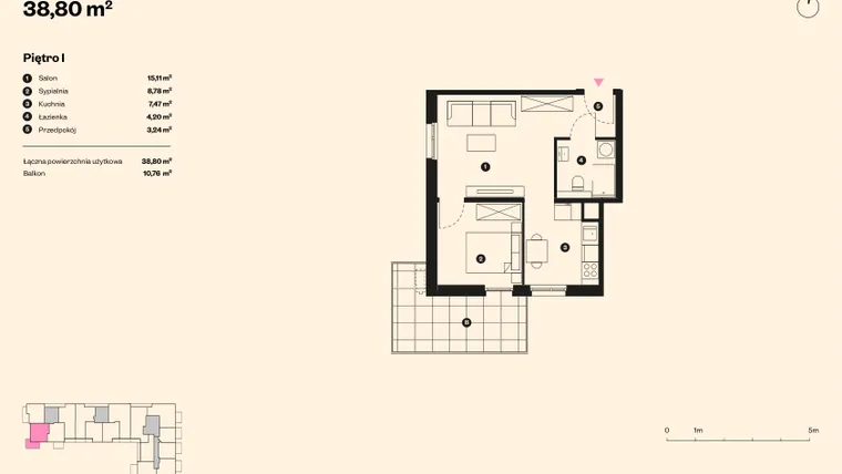 Rzut - Mieszkanie na sprzedaż 2 pokoje o powierzchni 37,94 m² - numer 61 w Sołtysowska