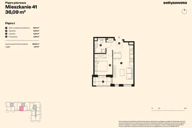 Rzut - Mieszkanie na sprzedaż 2 pokoje o powierzchni 35,27 m² - numer 41 w Sołtysowska