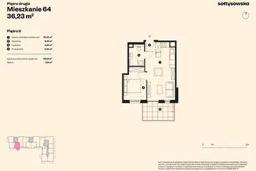 Rzut - Mieszkanie na sprzedaż 2 pokoje o powierzchni 35,33 m² - numer 64 w Sołtysowska